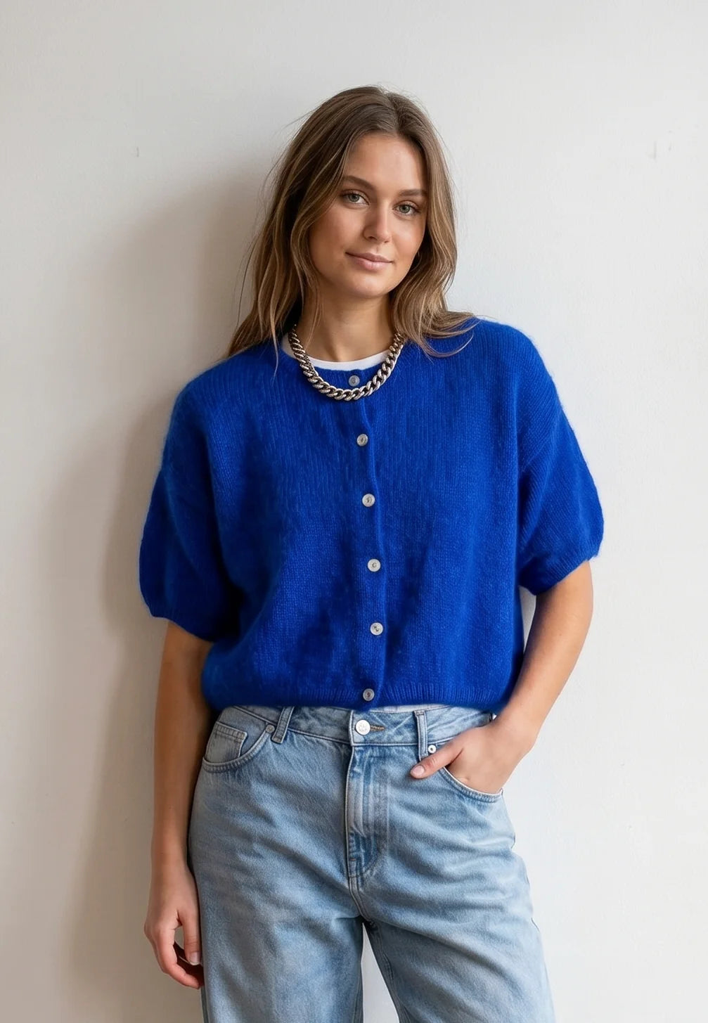 Short Sleeve Mohair Cardigan in Cobalt