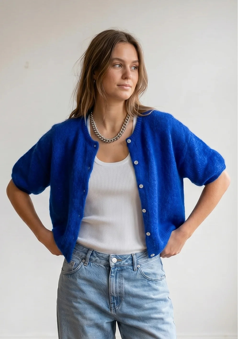 Short Sleeve Mohair Cardigan in Cobalt